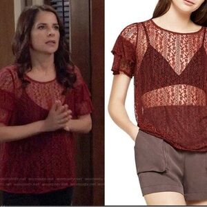 BCBGeneration NWT Maroon Open Back Slit Lace Ruffle Flutter Crochet Top Size XXS